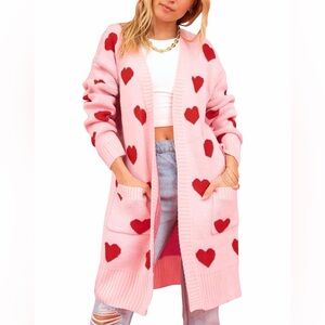 Pink Heart Print Long Cardigan | Valentine’s Day Cozy Knit